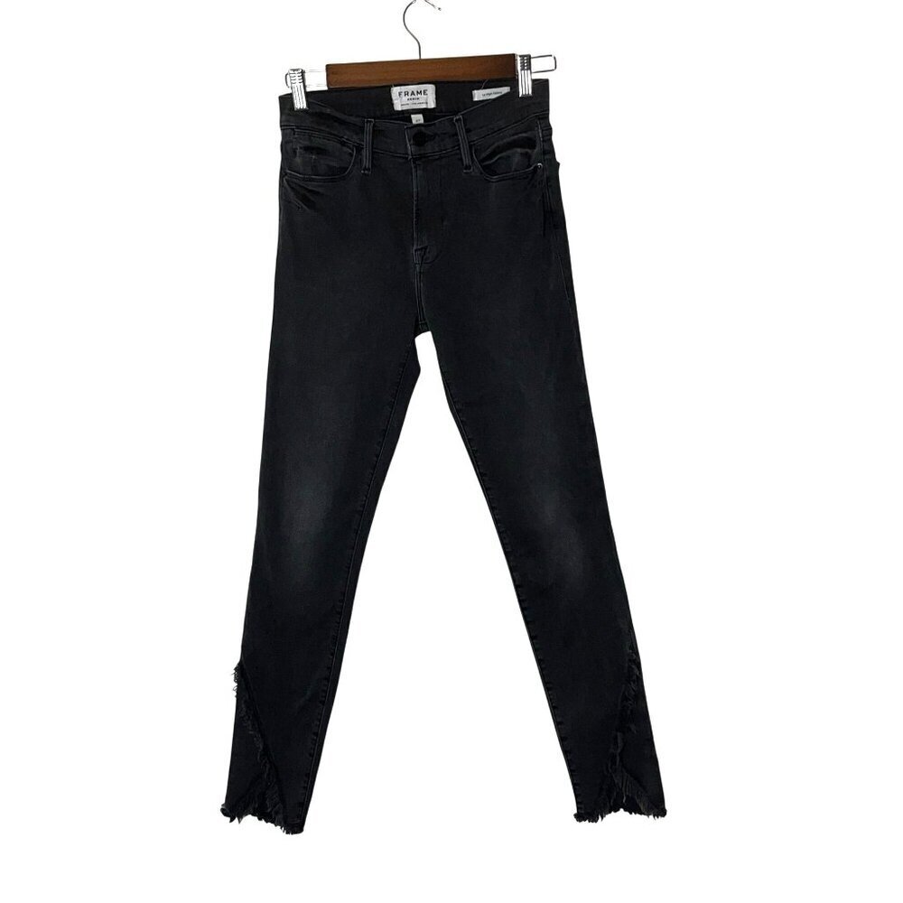 Frame Le High Skinny Black Distressed Hem Jeans Size 27 Womens Denim Pants
